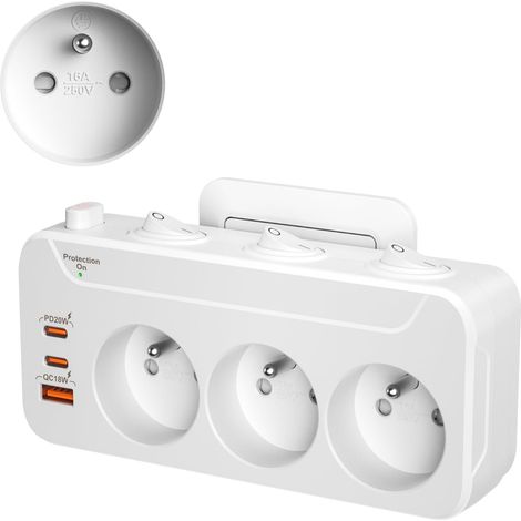 1 Multiprise 3 Prises Française, Rotative 90 Degrés, USB-C PD20W, USB-A QC18W, Interrupteur Individuel, Maison Bureau