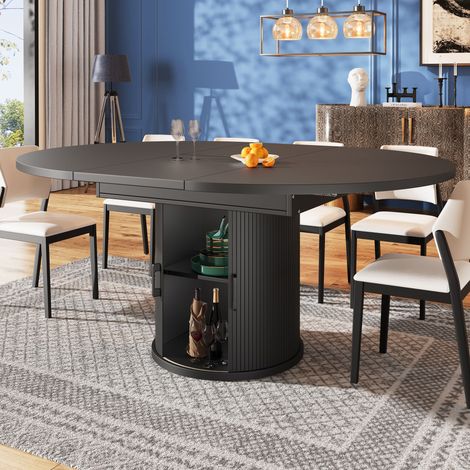 Mesa de comedor redonda extensible para 4 a 6 personas con almacenaje, mesa de cocina/sala de estar, 1 estante y 2 puertas, negra