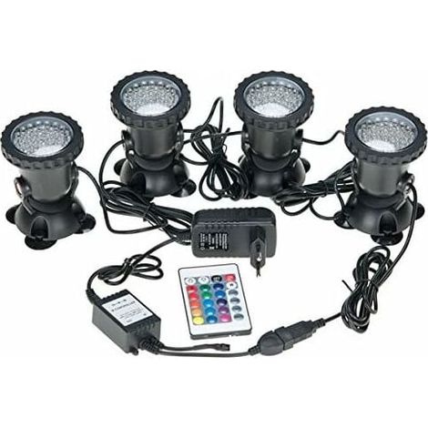 GABRIELLE Faretti subacquei impermeabili RGB multicolore per acquario con telecomando per laghetto da giardino, acquario, piscina, spina UK (confezione da 4 luci) (1/5)