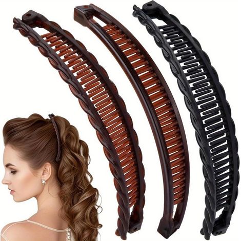 Grandes pinces banane pour femme (Lot de 3) — Pinces à cheveux à forte adhérence — Noir et brun café