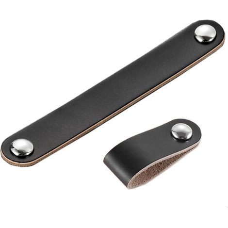 Lot de 2 poignées de meuble en cuir Qrity, 128 mm, noires, pour tiroirs, armoires et portes de placard. (1/5)
