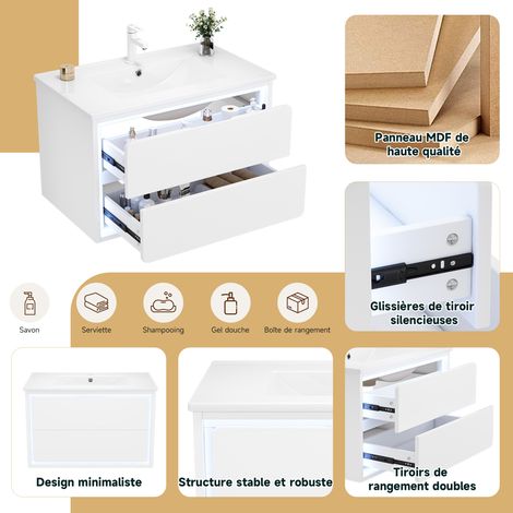 Meubles de salle de bain muraux 76x46x48.5cm, laquage intégral, éclairage LED à capteur radar, deux tiroirs, coulisses silencieuses, vasque, lavabo intégré, blanc (1/5)