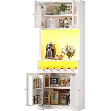 Buffet haut 180cm blanc avec LED RGB contrôlable par application, portes en verre et porte-bouteilles (1/5)