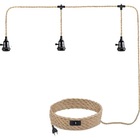 Kit Suspension Luminaire Avec Prise et Interrupteur, Douille E27 Salle à Manger, 3 Lampe Sans Ampoule Lampe Lustre Corde de Chanvre Câble Vintage Industrielle DIY pour Chambre, (1/4)