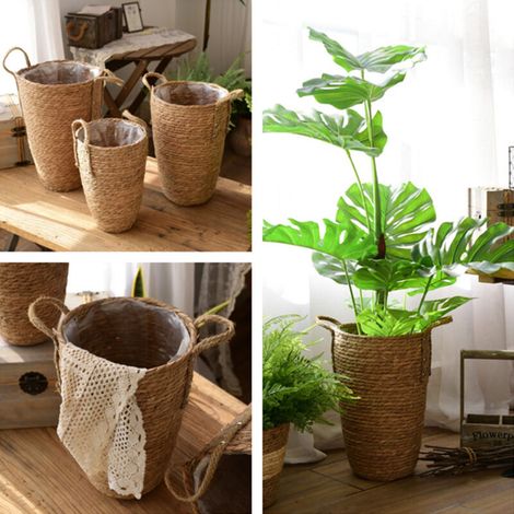 Corbeille de Rangement Naturelle Panier Vase en Rotin avec Doublure Plastique pour Arrangements Floraux ou Stockage Multifonction (1/4)