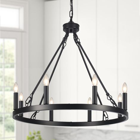 Lustre noir à 8 flammes - Lustre vintage de style maison de campagne - Lampe suspendue industrielle rustique pour salon, salle à manger, cuisine, chambre à coucher, couloir (1/5)