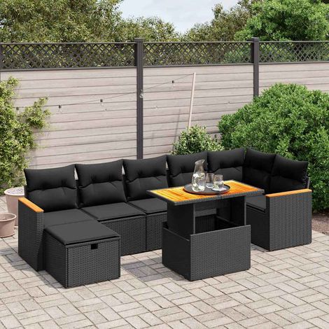 Salon de jardin 8 pièces en résine tressée noir avec coussins et table relevable, 68.3kg - PANGIVO (1/4)