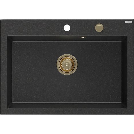 Mexen Elix évier en granit 1 bac 700 x 500 mm, noir/argent métallique, siphon doré - 6526701005-73-G (1/5)