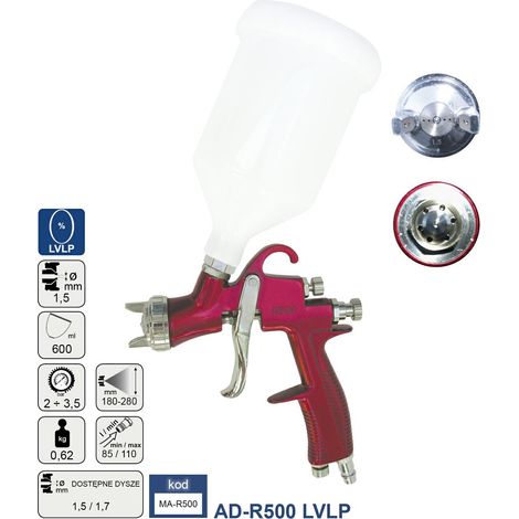 Adler Pistola de pintura LVLP 1.5mm AD-R500, herramienta profesional para acabados de pintura de alta precisión, tecnología LVLP, boquilla 1.5mm, diseño ergonómico, color metálico.
