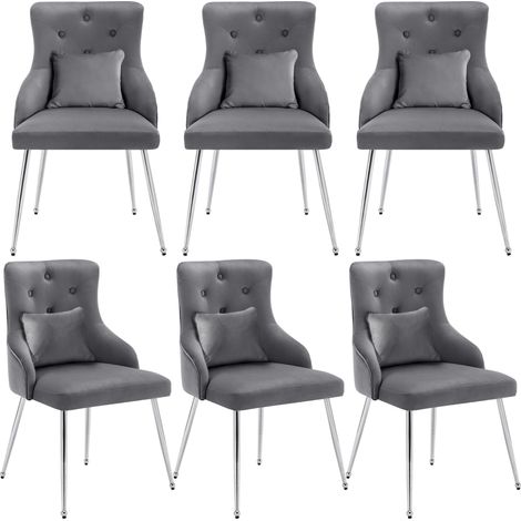 Juego de 6 sillones modernos de terciopelo gris con tapizado abotonado y patas de metal, ideales para sala de estar, dormitorio, oficina o estudio. (1/5)