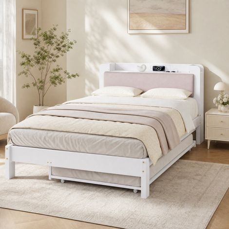 Letto estraibile 120/200 cm bianco in legno con secondo letto 90/190 cm, testiera imbottita e stazione di ricarica (1/5)