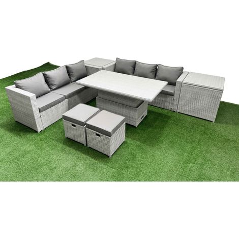 Fimous 7 PCs Rising Dining Table Set Rattan Furniture Set with 3 Seater Sofa 2 Small Footstools 2 Side Table Light Grey (1/5)