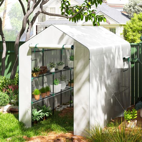 Serre de Jardin 3m² - 3 Étagères, PE 135g/m² Anti-UV Renforcée, Porte Enroulable + Fenêtres Maille