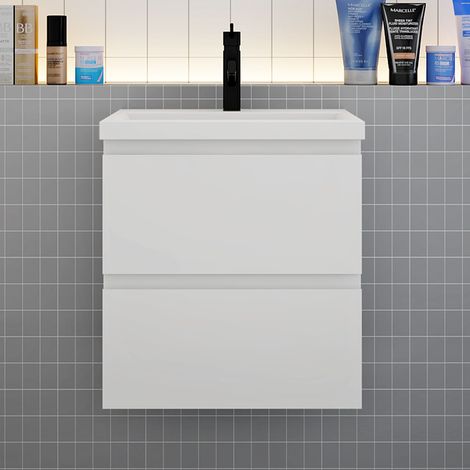 Meuble de salle de bain avec vasque, 50 cm 2 tiroirs à fermeture amortie blanc - meuble suspendu (1/2)