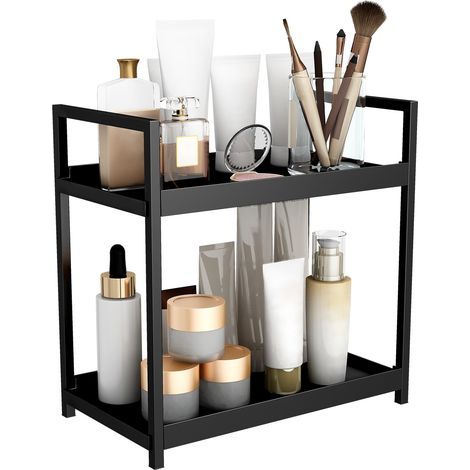 Étagère Organisateur de Plan de Travail 2 Niveaux, Rangement Vanité Noir pour Cosmétiques, Parfums, Cuisine et Salle de Bain (1/5)