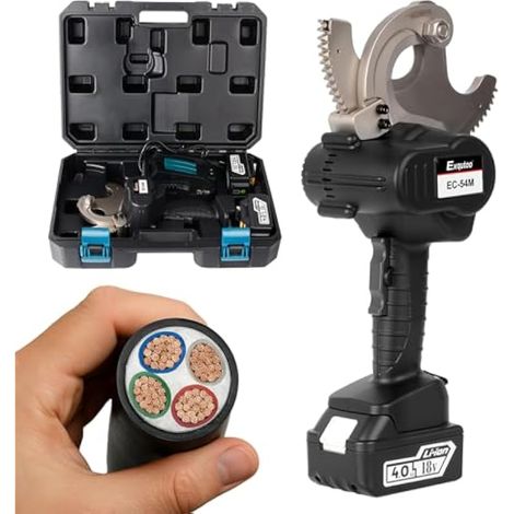 Exqutoo Kit d'outils de coupe de cable, coupe-cable ACSR sans fil 18 V CC 54 mm, coupe-cable à cliquet, 2 batteries lithium-ion 4 Ah et chargeur de batterie inclus (1/5)