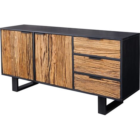Buffet RAFTA 150 cm en bois massif de teck et manguier – 2 portes, 3 tiroirs et structure noire (1/5)