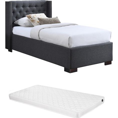 Letto con testata trapuntata 90 x 200 cm in Tessuto Grigio + Materasso - MASSIMO II