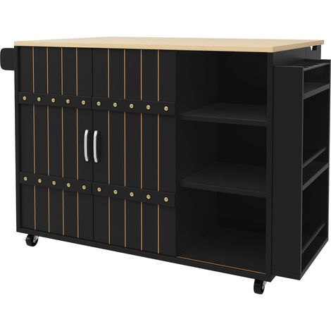 Meuble de cuisine, chariot de service effet bois, chariot de cuisine à roulettes avec plan de travail, chariot de cuisine avec étagère à épices et porte-serviettes, îlot de cuisine avec portes couliss