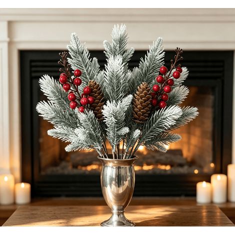 Branches décoratives de Noël, 35 cm, branches de sapin blanc artificiel, décorées de baies rouges et de pommes de pin, idéales pour les bouquets et la décoration de table, lot de 5 branches (1/3)