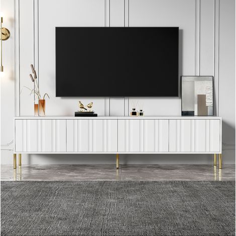 Mobile TV 190x38x48 cm, grande spazio contenitivo, ante con scanalature verticali, gambe dorate, MDF e truciolare bianco (1/5)