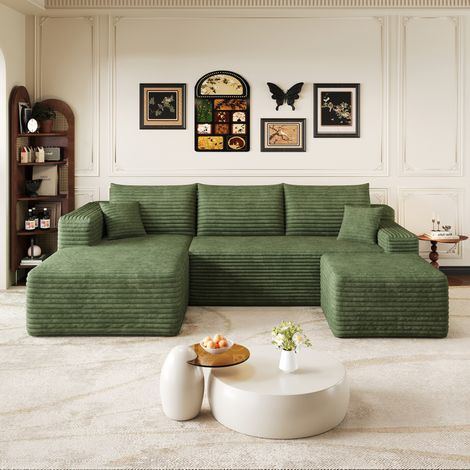 Divano angolare 241 cm verde in tessuto con chaise longue reversibile e senza montaggio (1/5)