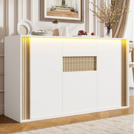 Credenza 140x40x82 cm con 3 ante, 1 cassetto e LED regolabile, pannello truciolare e finitura naturale - bianco (1/5)