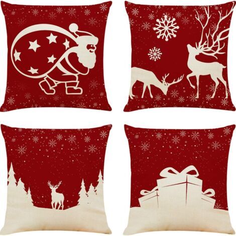 4PCS 18 "x18" Couvertures d'oreillers de Noël Couvertures d'oreillers décoratives de canapé de Noël Couverture d'oreiller carrée de lin de coton pour canapé, canapé, lit et voiture (Noël A-4PC (1/5)