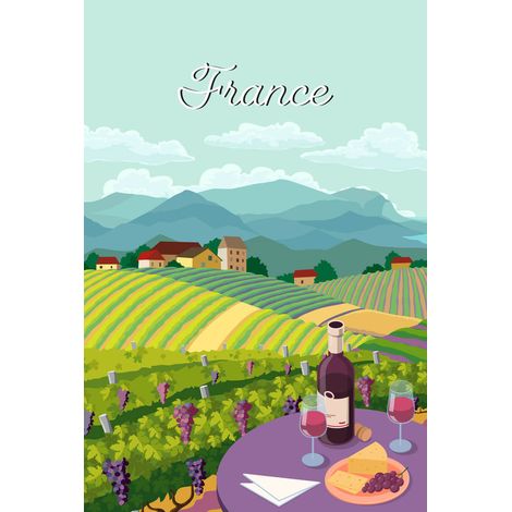 Tableau sur toile illustration vignoble France 30x45 cm - Impression sur Toile Murale Décorative - Image imprimée en HD sur Toile - Toile sur Châssis en Bois FSC - Fabriqué en France (1/5)