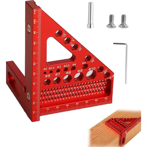 Équerre 3D - Angle réglable de 22,5° à 90° - outil de menuiserie de haute précision en alliage d’aluminium - 3 en 1 : traçage/perçage/mesure - adapté aux menuisiers et aux ingénieurs (Rouge) (1/5)