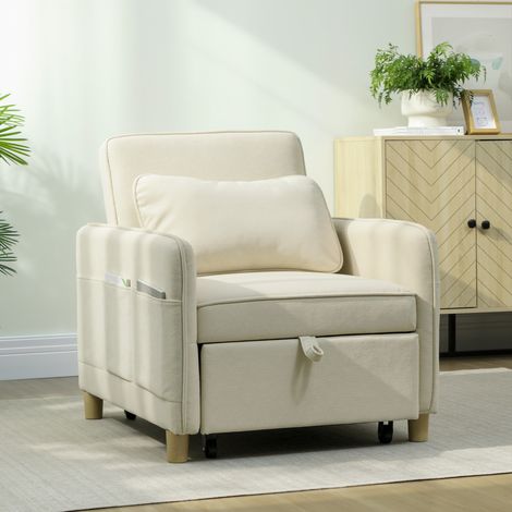 Sillón cama 3 en 1: Sillón convertible con función de cama, asiento amplio para sala de estar, color beige.