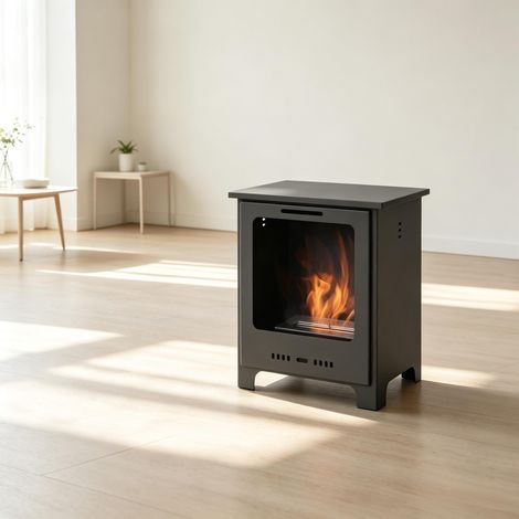 Cheminée sur pied moderne et élégante, poêle à bois autoportant, foyer design pour salon, appareil de chauffage indépendant, finition premium. (1/5)
