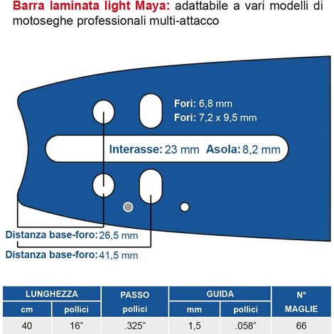 Barra laminata light 40 cm - 16" passo .325", spessore 1.5 mm - .058" 66 maglie 452788