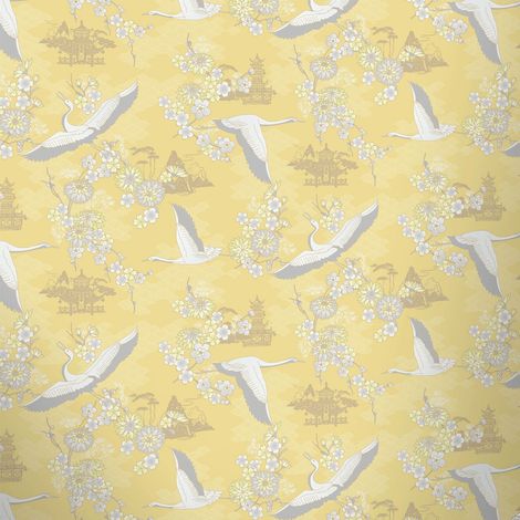 ORIENTAL YELLOW GREY WHITE BIRDS FLOWERS QUALITY FEATURE WALLPAPER RASCH