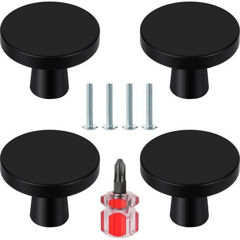 Lot de 4 poignées de meuble noires. boutons ronds pour armoires et tiroirs. poignées de porte de cuisine pour commode. placard et autres meubles. avec tournevis inclus (1/5)