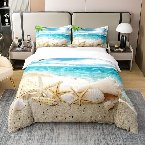 Coton, Ensemble de Literie 140x200 Plage, Housse de Couette Bleu Océan, Parure de Lit Imprimé Coquillage Étoile de Mer, Housse Couette Plage Côtière pour Enfants Ados Adultes (1/5)