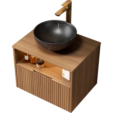 Mobile bagno sospeso 60 cm con lavabo in ceramica nero e finitura rovere, LED, preassemblato (1/5)