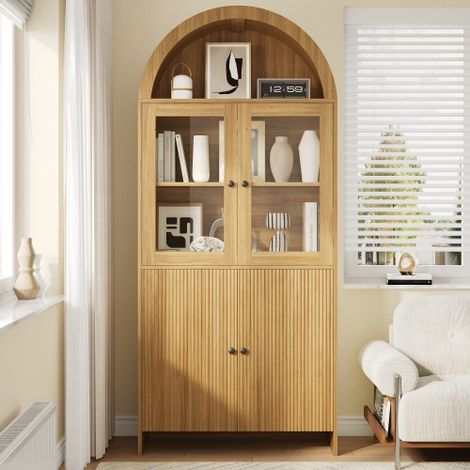 Buffet à plateau arqué, vitrine à portes vitrées, meuble de rangement fermé à motif ondulé, meuble de salon (1/5)