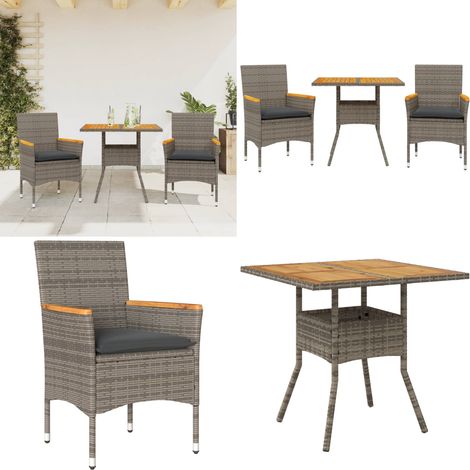 Ensemble à manger de jardin et coussins 3 pcs gris rotin acacia - Salon De Jardin - Mobilier De Jardin - Set De Salon De Jardin - Table De Jardin - Chaises De Jardin - Home & Living (1/5)