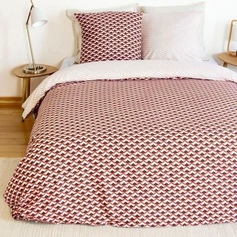 Parure de lit 220x240 cm - COTE DECO - Imprimé géométrique - Microfibre - Rouge Blanc - Adulte