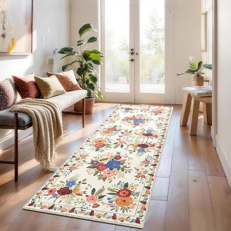 Tapis de Couloir 60x180 cm, Motif Fleuri Vintage, Antidérapant Boho Doux à Poil Court, pour Cuisine, Salon, Chambre, Bureau, Entrée, Beige (1/5)