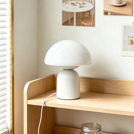 Lampe de Table en Verre en Forme de Champignon, Design Italien Minimaliste, 3 Couleurs de Lumière, USB, Chambre et Bureau, Blanc et blanc (1/5)