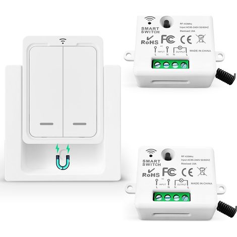 Kit Interrupteur Sans Fil Va Et Vient Mini Émetteur Radio Sans Fil 433 MHz Interupteur Sans Fil 150M Plage De Contrôle 2200W Commutateur Sans Fil Mobile (1 Interrupteur 2 Récepteur) (1/5)