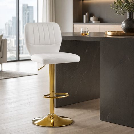 DESMIU Tabouret de Bar Réglable en Hauteur Pivotant à 360° avec Dossier et Repose-Pieds en PU et Métal Blanc et Or (1/5)