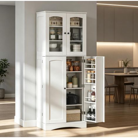 Armario de cocina (60x40x162 cm), con estantes regulables, vitrinas de acrílico, cierre suave, MDF blanco (1/5)