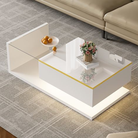 tavolo soggiorno 100x50 con vetro LED bianco lucido OKMYHOME (1/5)