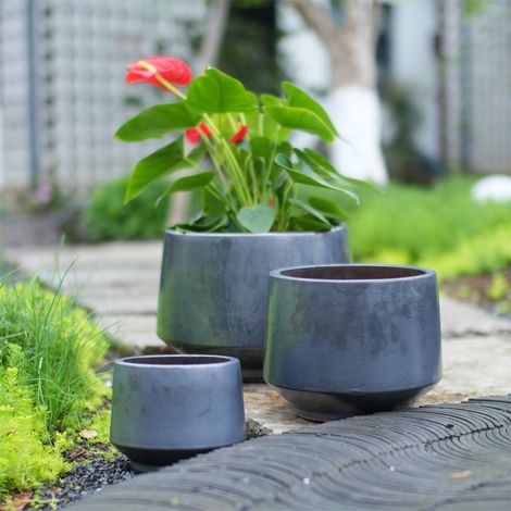 Lot de 3 Pots de Fleurs en Céramique Fait Main - Ø38/28/22cm - Pots Coniques Mat - Noir Antique (1/5)