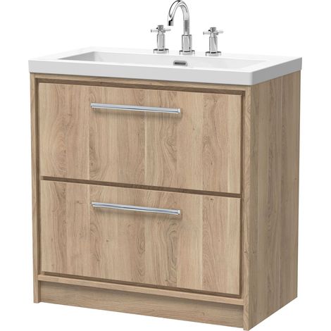 Longnor 2 Drawer Floor Standing Vanity Unit with 3 Tap Hole Modern Fireclay Basin, Light Oak, 800mm