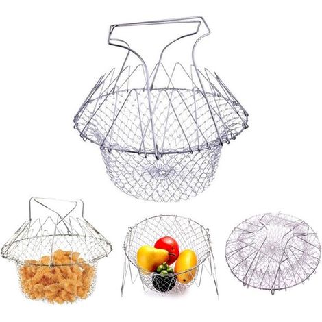 Panier de friture rond multifonctionnel en acier inoxydable, pliable, avec fonction passoire et égouttoir, pour friture et lavage des fruits et légumes, argent (1/5)