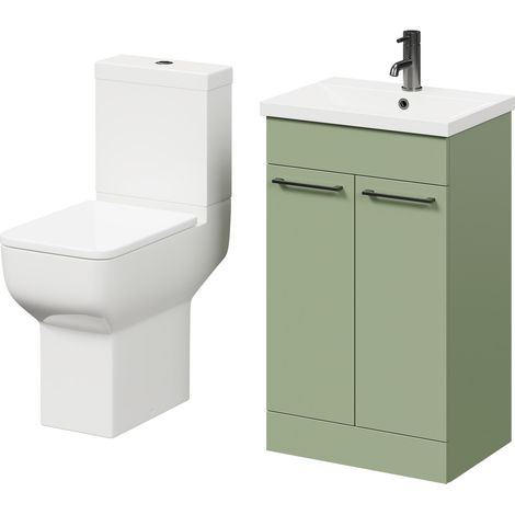 Wholesale Domestic Alessio Olive Green 500mm Vanity Unit and Toilet Suite including Comfort Height Toilet and Floor Standing Vanity Unit with 2 Doors and Gunmetal Grey Handles (1/5)